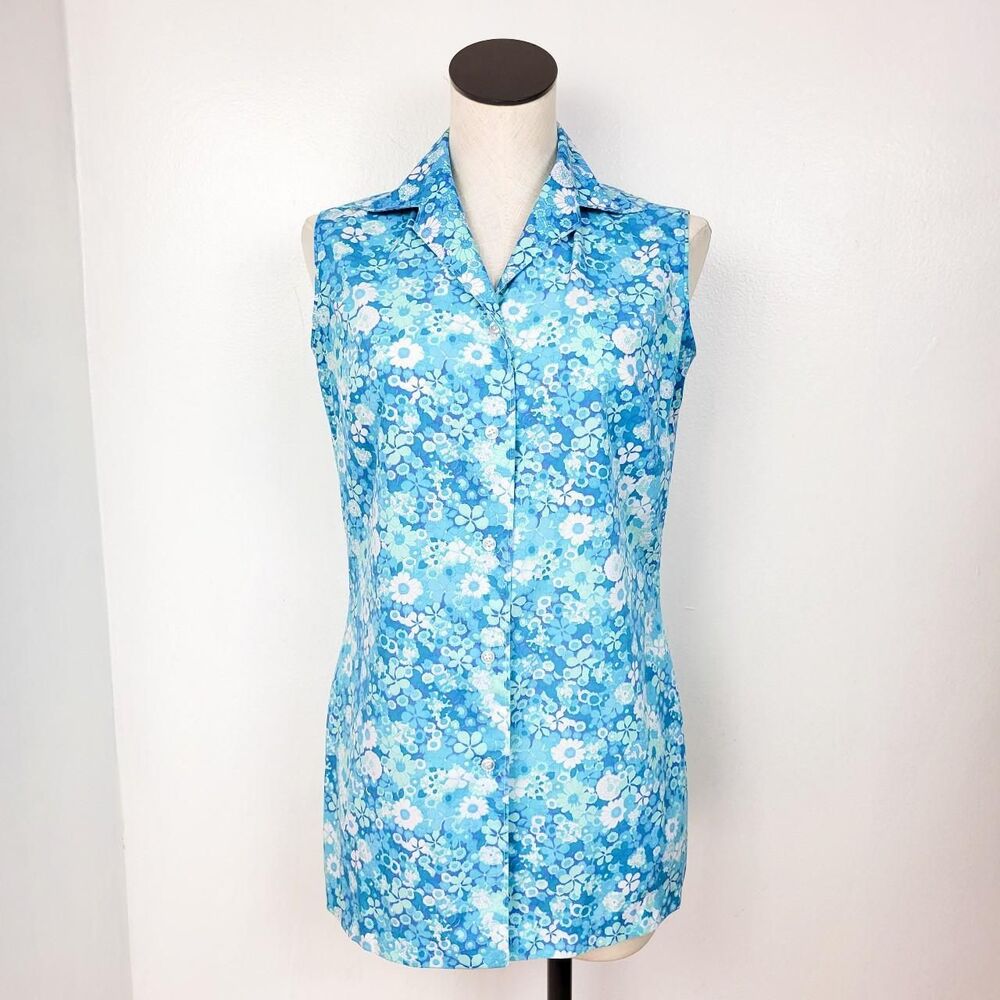 Vintage 70s Montgomery Ward Blue Floral Print Sleeveless Blouse